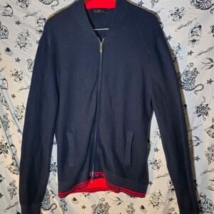 CAROLINA HERRERA Mens Navy Blue Zip Up Sweater Jacket Red Trim Logo L